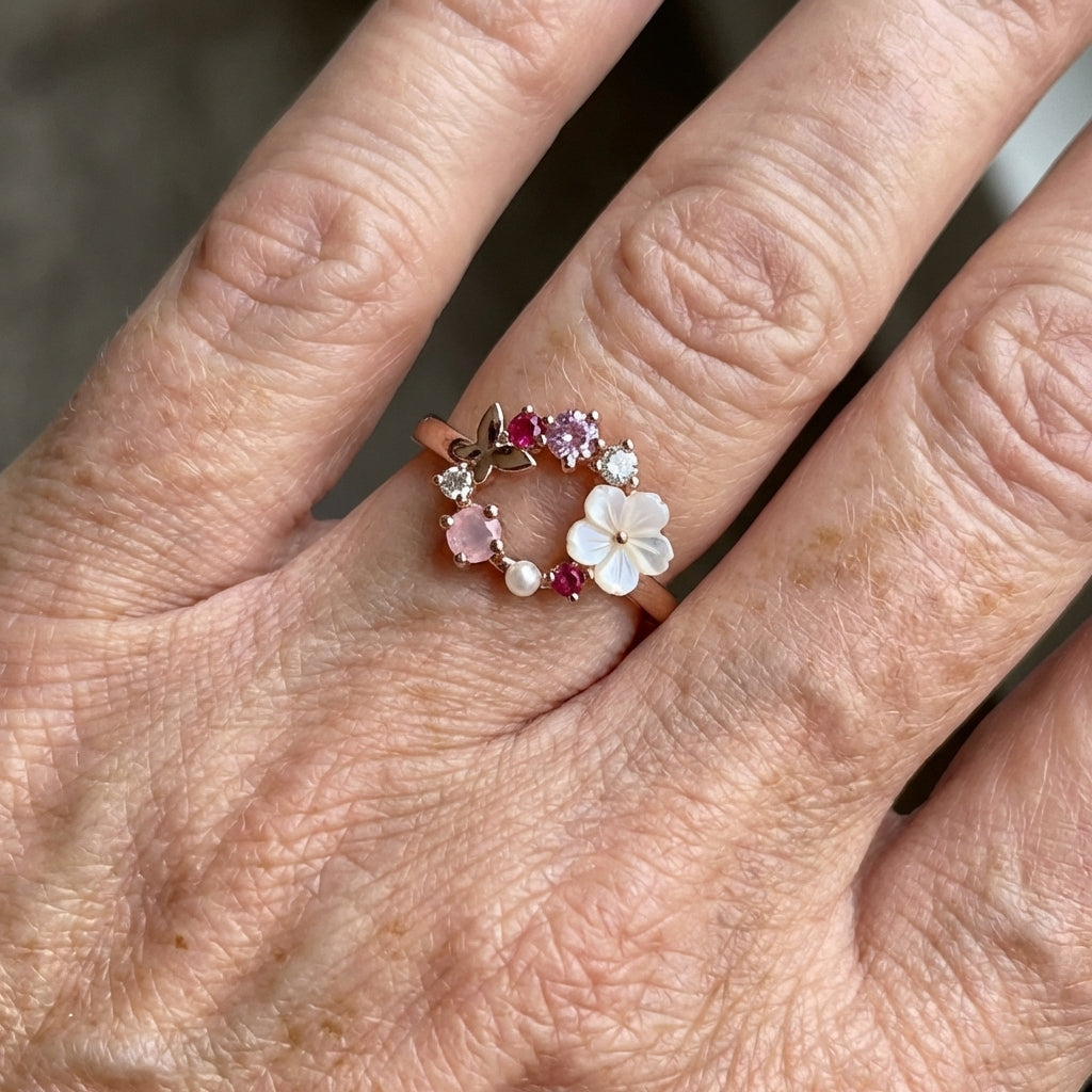 Elegant Flower Faux Pearl Micro Inlaid Zirconia Butterfly Ring