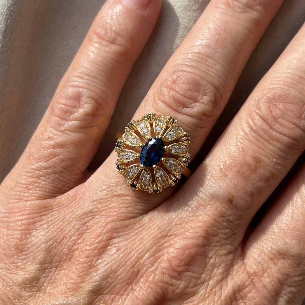 Elegante vergulde ring met zonnebloemontwerp ingelegd met blauwe zirkonia