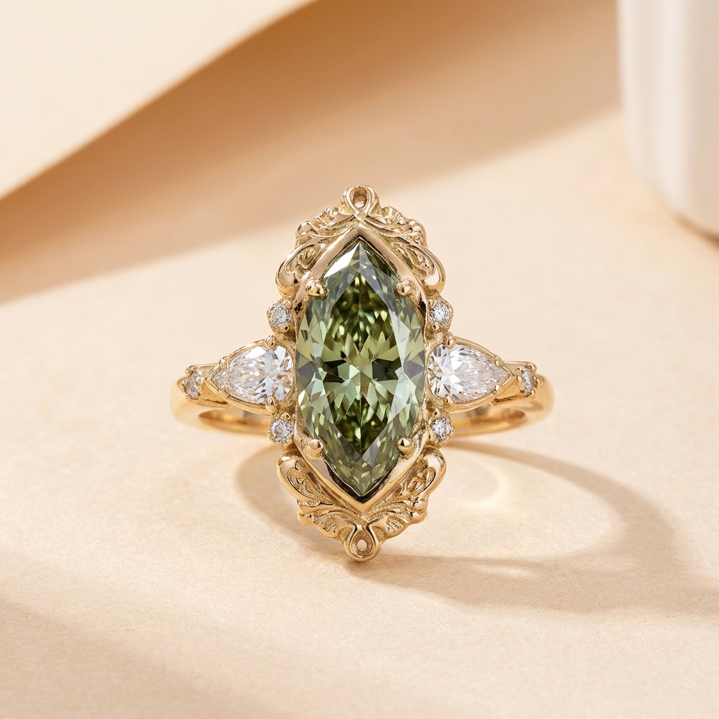 Elegante koperen verlovingsring met groene zirkonia