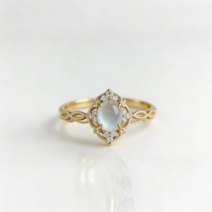 Elegant Hollow Flower With Cat Eye Stone Moonstone Ring