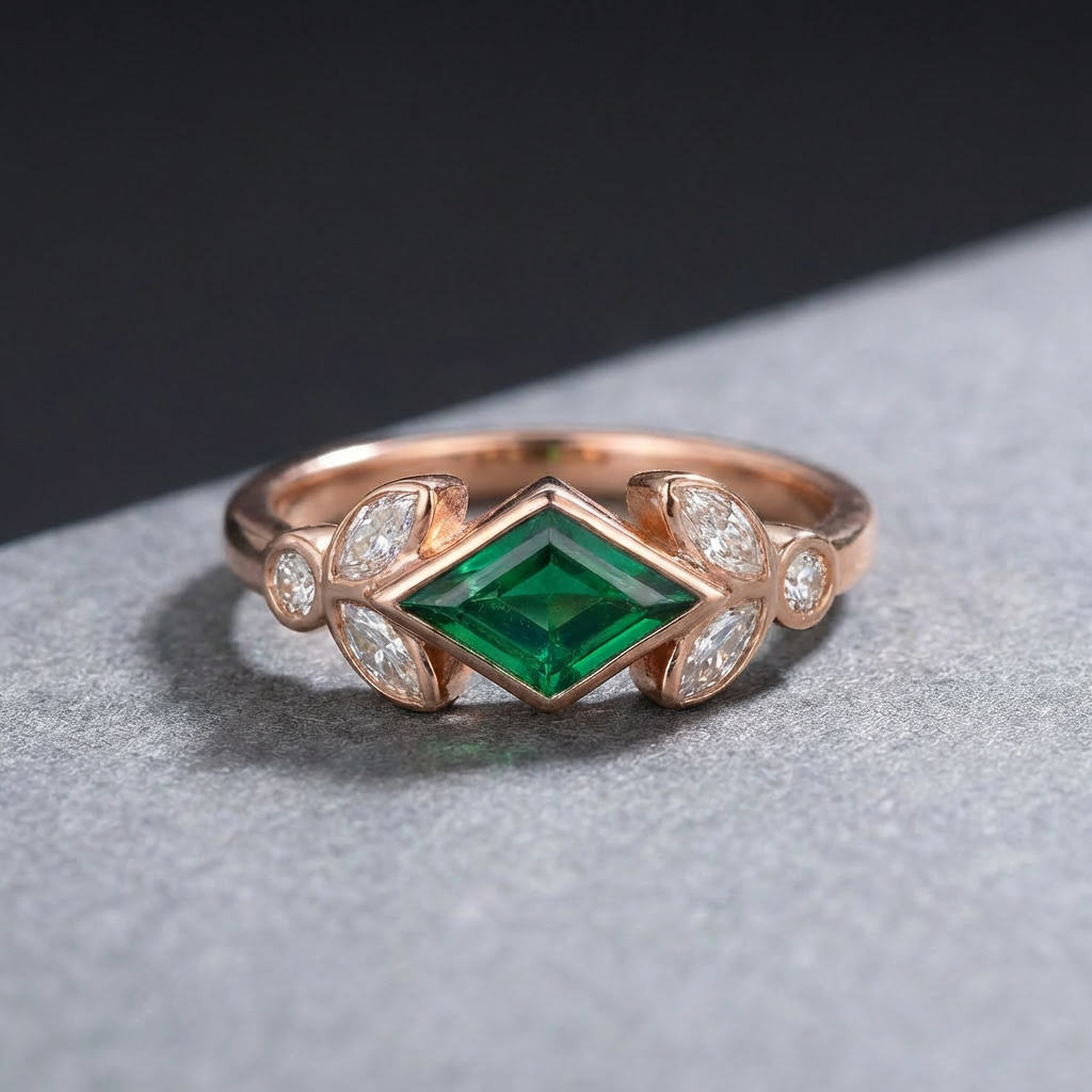 Elegante ring met groene zirkonia en bladvormige accenten