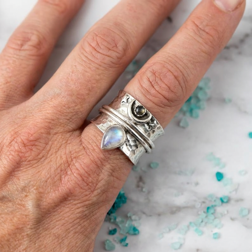 Elegante brede ring met maansteen, ster en maan