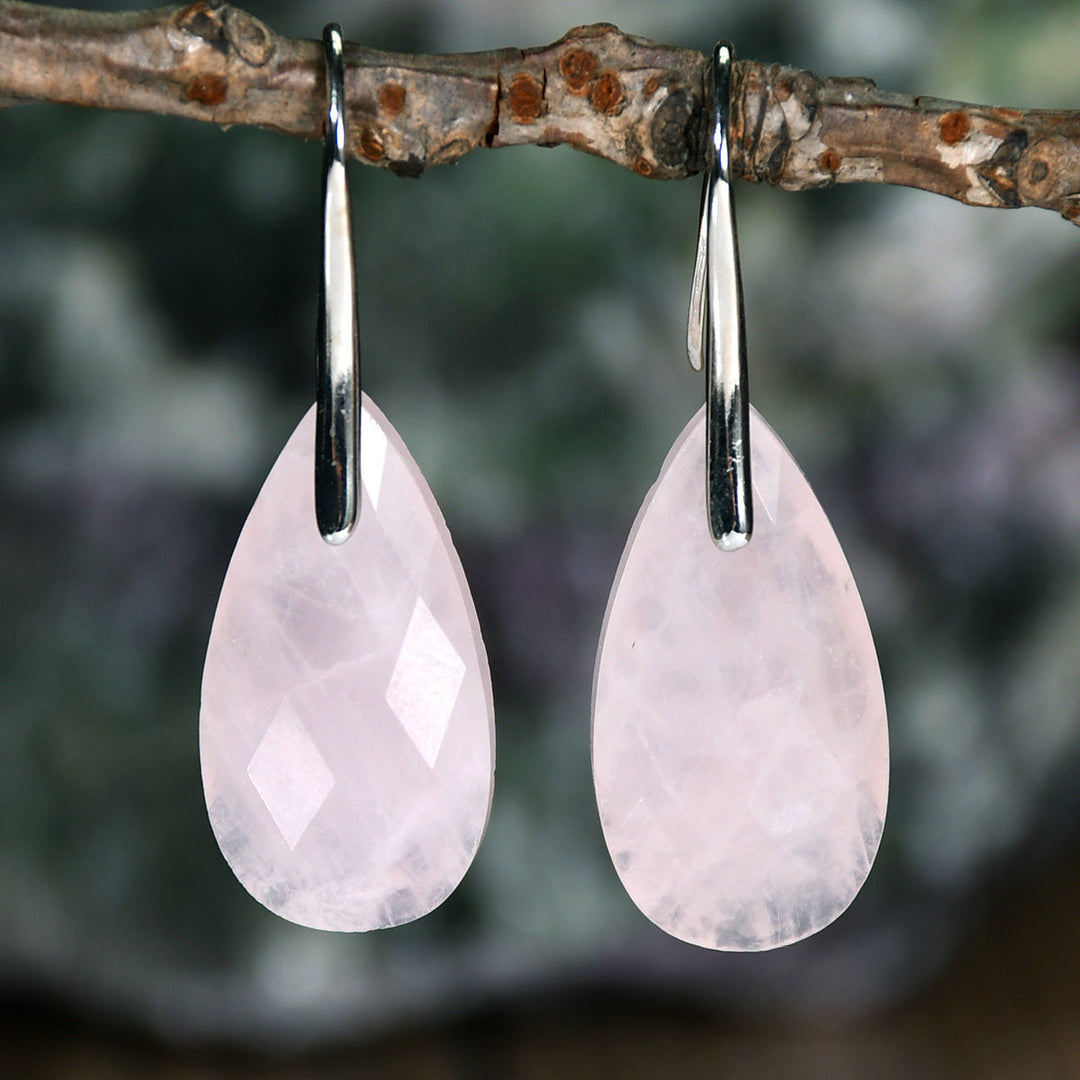 Elegant Natural Stone Rose Quartz Teardrop Earrings