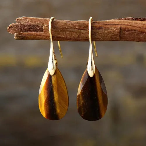Elegante druppelvormige oorbellen met tijgeroog natuursteen