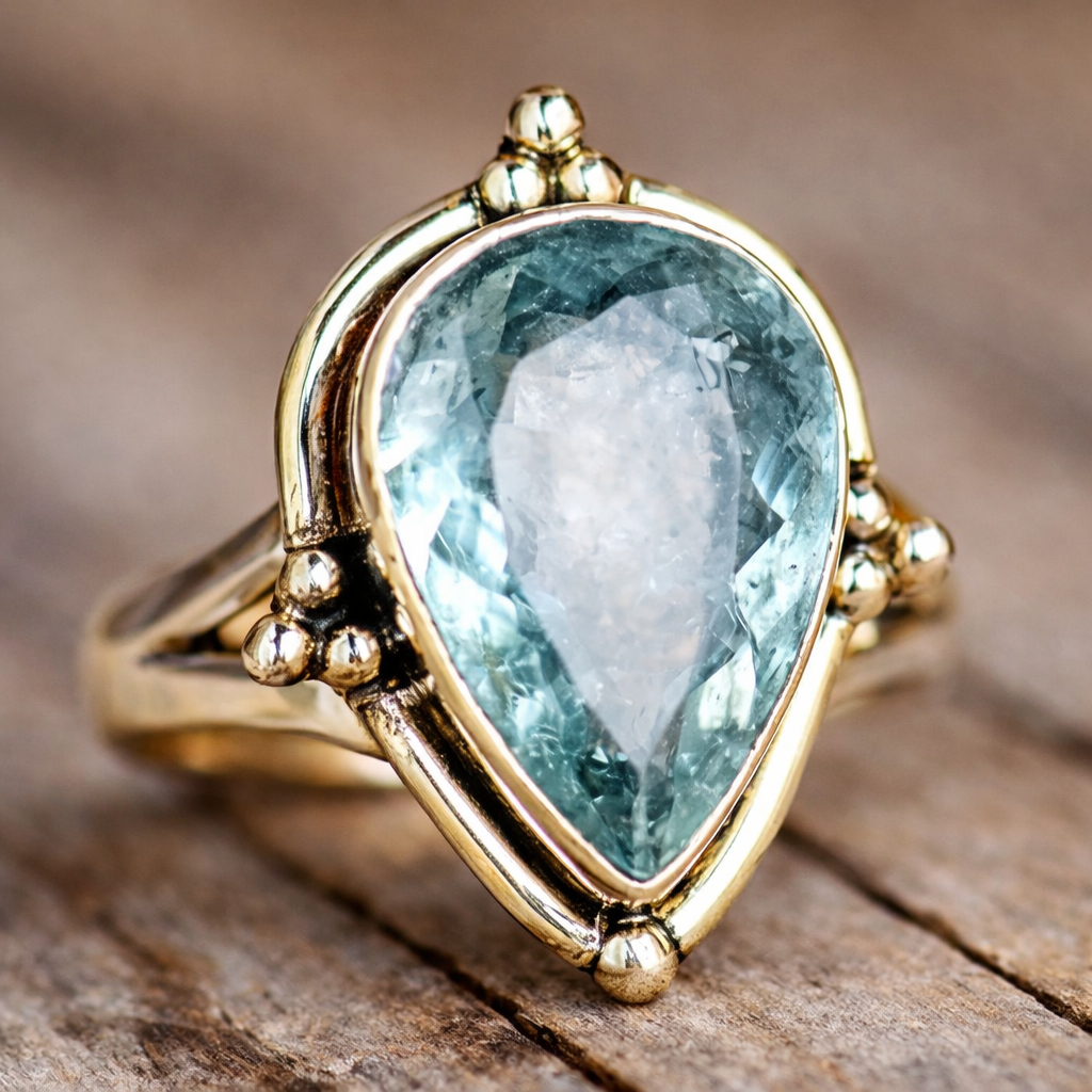 Elegante zilverkleurige ring met peervormige aquamarijn druppel