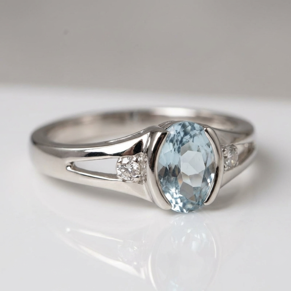 Elegante verzilverde ring met ovale lichtblauwe steen