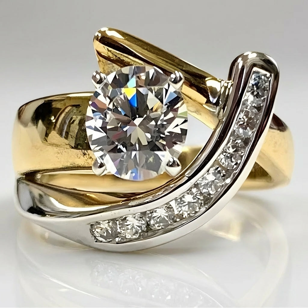 Elegante tweekleurige goudkleurige swirl ring met rond geslepen zirkonia