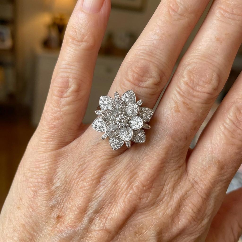 Elegante verzilverde bloemen diamantring in vintage stijl