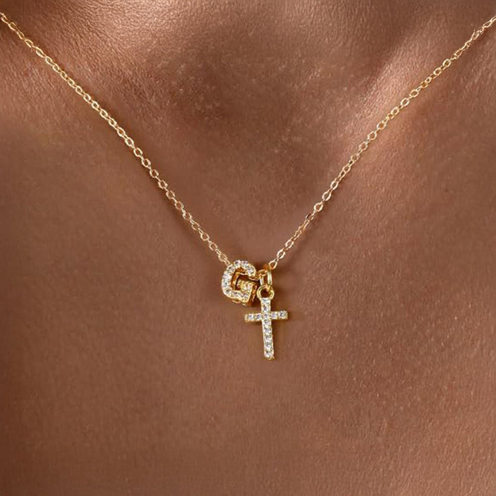 Dainty Diamond Initial & Cross Pendant Necklace