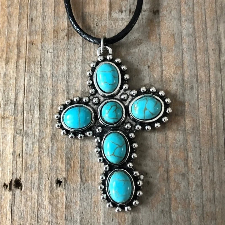 Bohemian Retro Silver Tone Turquoise Cross Pendant Necklace