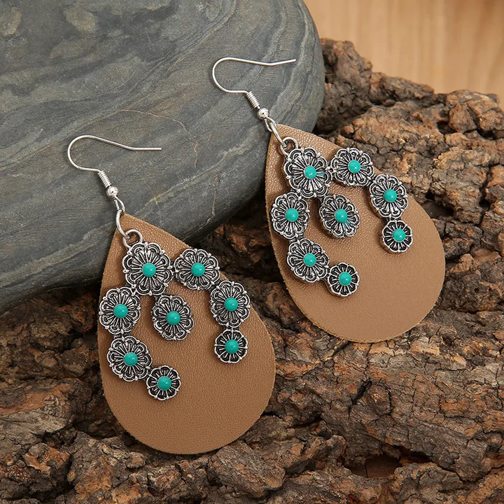 Bohemian Western Turquoise Crescent Leather Earrings