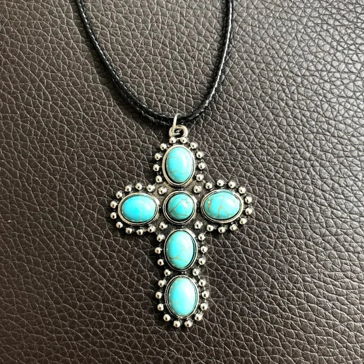 Bohemian Retro Silver Tone Turquoise Cross Pendant Necklace