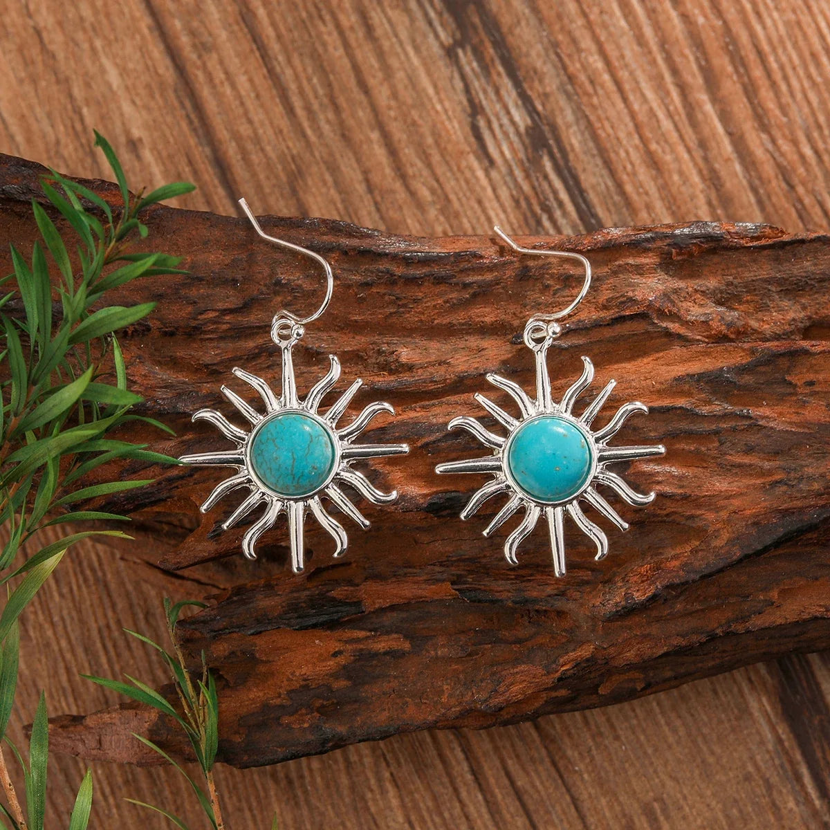 Western boho zonvormige oorhangers met turkoois