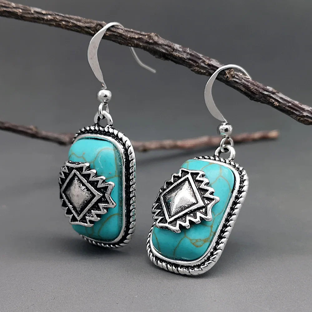 Bohemian Vintage Aztec Geometric Turquoise Drop Earrings
