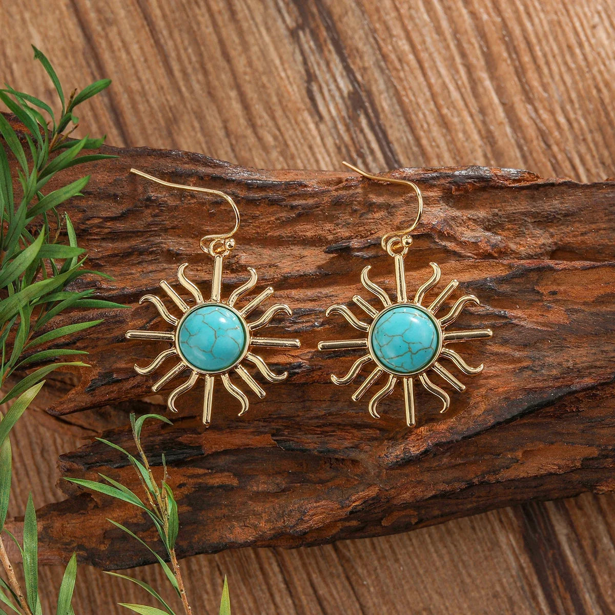Western boho zonvormige oorhangers met turkoois