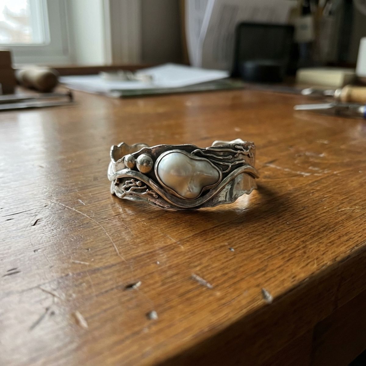 Vintage verzilverde ring met golfdesign en witte steen