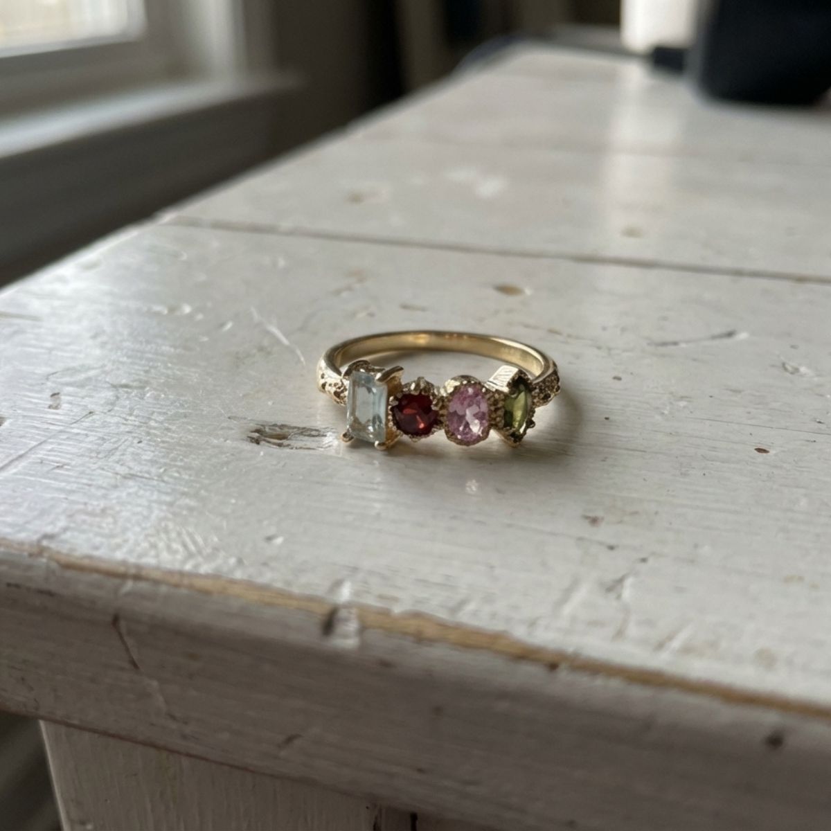 Vintage vergulde bloemenring met meerdere edelstenen