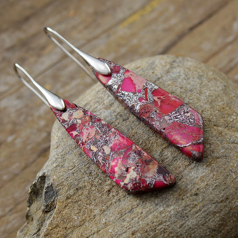 Natural Stone Autumn Blaze Triangle Jadeite Hook Earrings