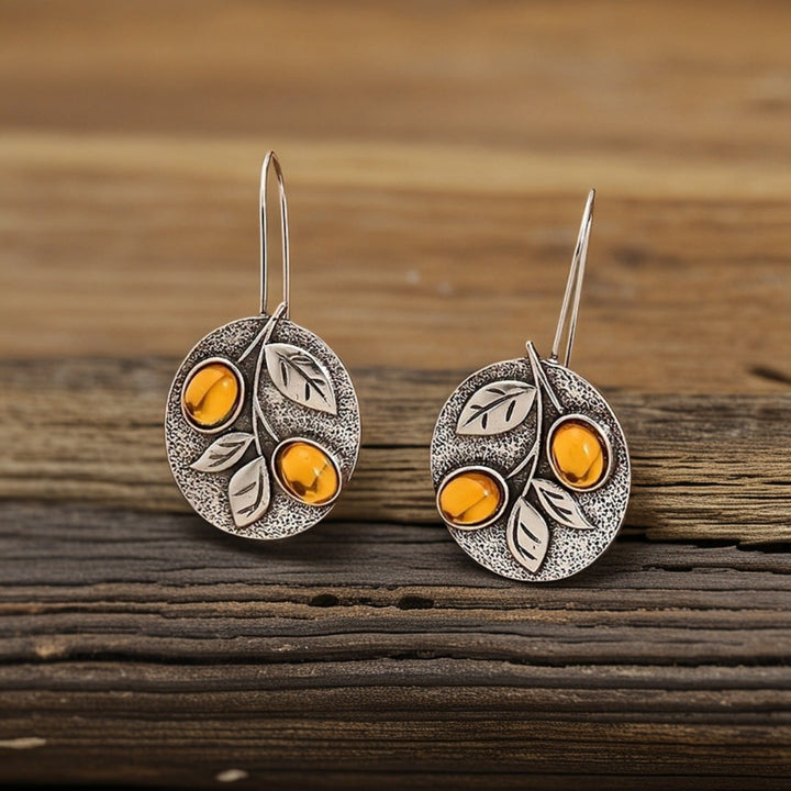 Vintage Nature Design Amber Leaf Disc Earrings