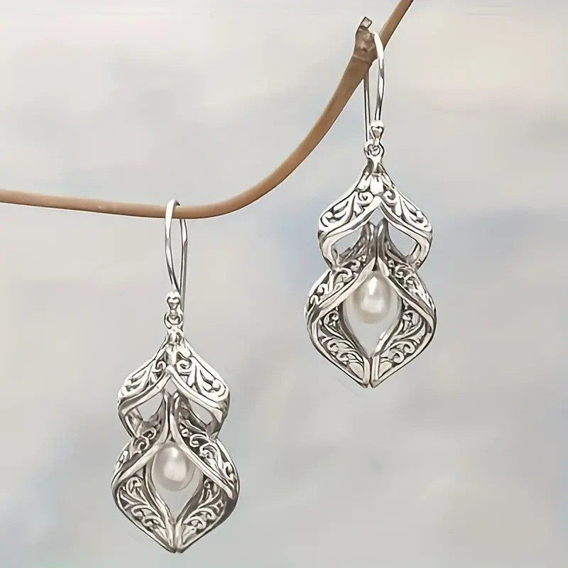 Vintage Bohemian Carved Pattern Faux Pearl Pendant Earrings