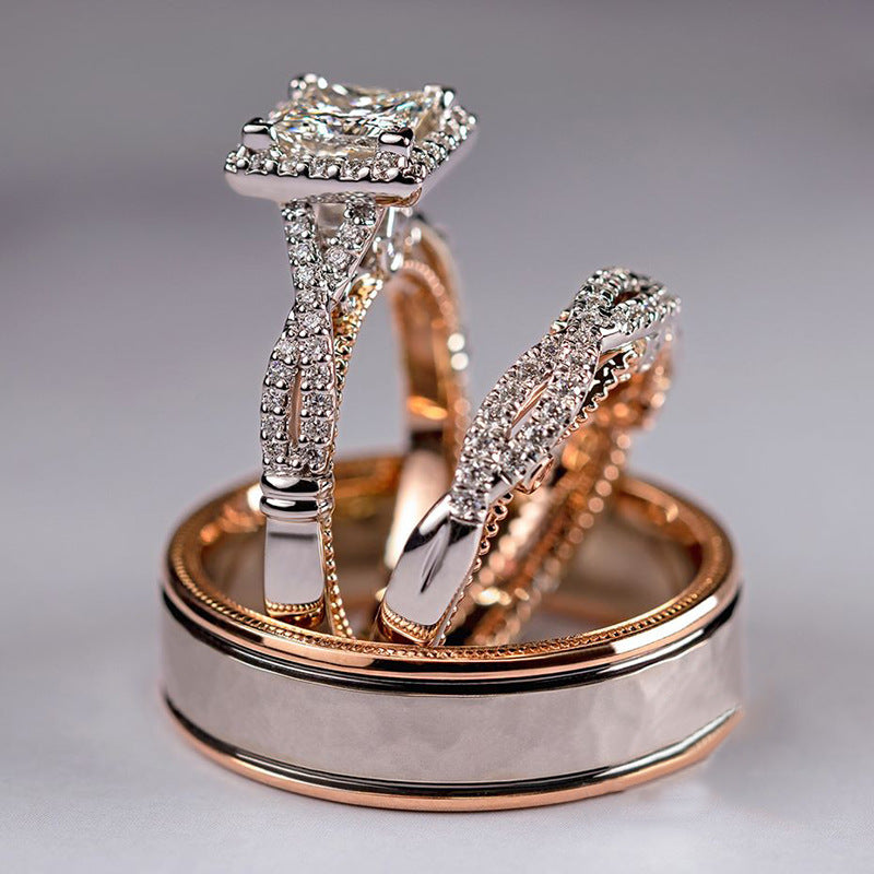 Elegante driedelige set diamanten ringen met princess geslepen zirkoon