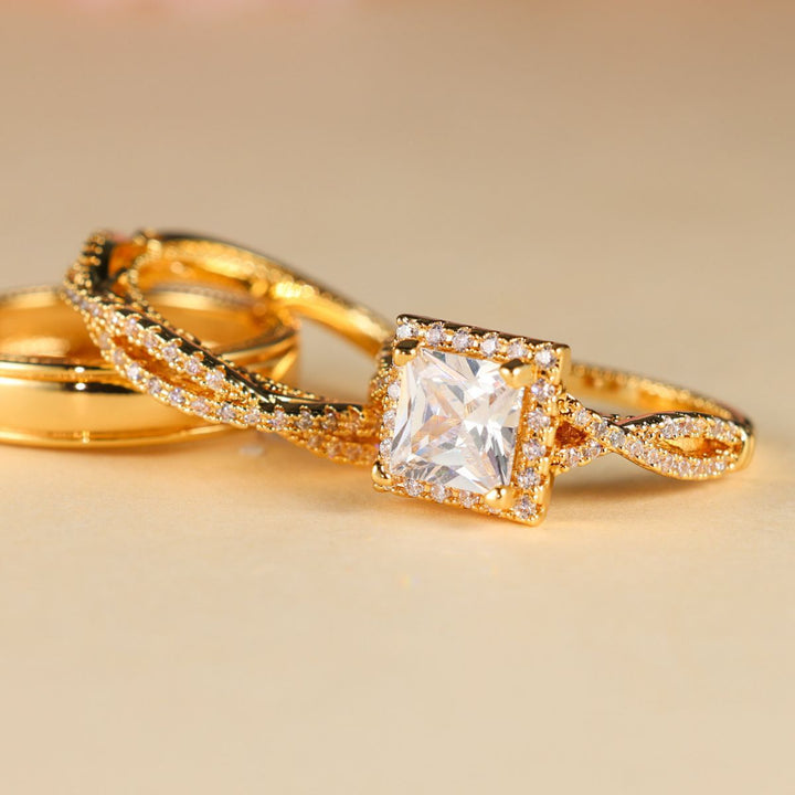 Elegant Three Piece Set Full Zircon Princess Cut Diamond Rings
