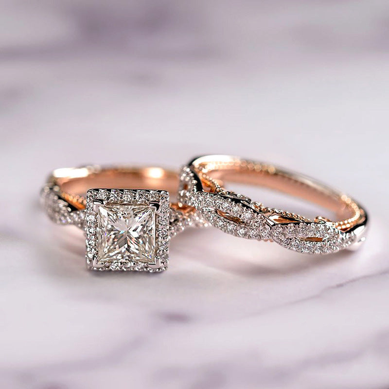 Elegante driedelige set diamanten ringen met princess geslepen zirkoon