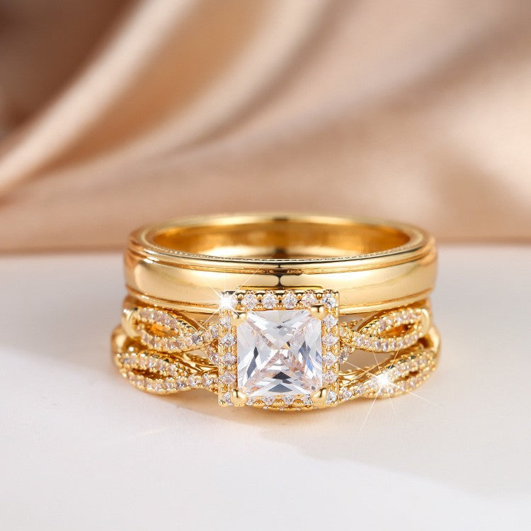 Elegante driedelige set diamanten ringen met princess geslepen zirkoon