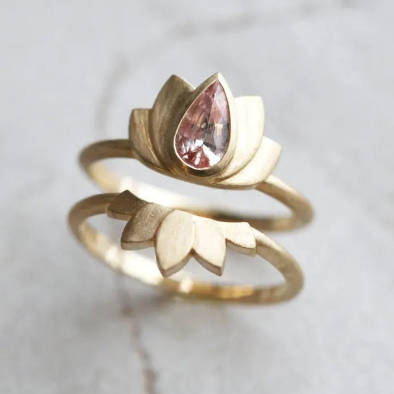 Elegante vintage lotusbloem ringenset met roze zirkonia inleg