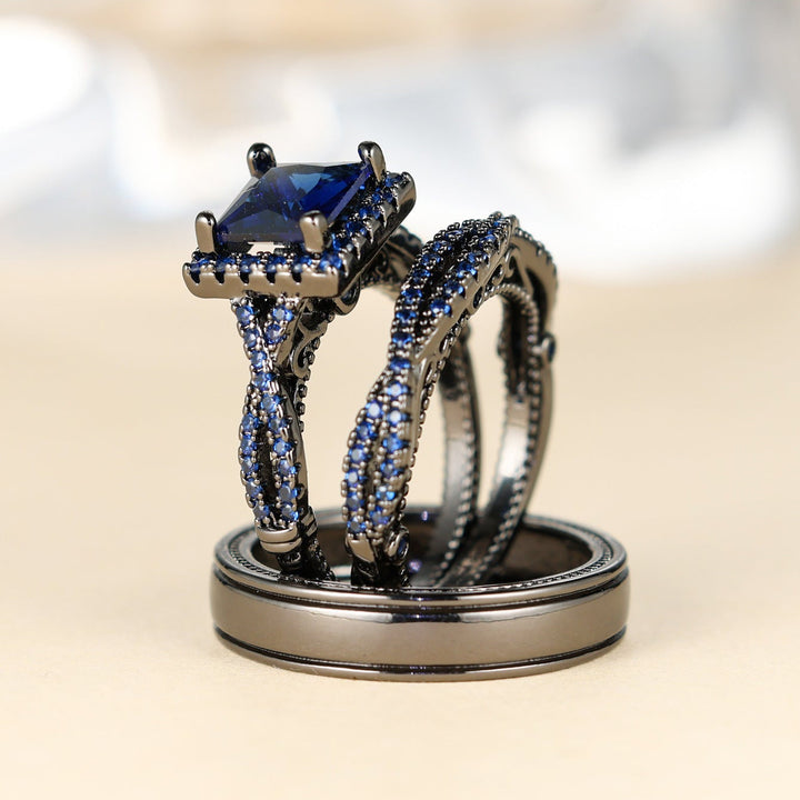 Elegant Three Piece Set Full Zircon Princess Cut Diamond Rings