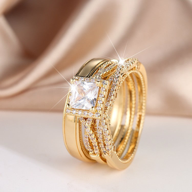 Elegante driedelige set diamanten ringen met princess geslepen zirkoon