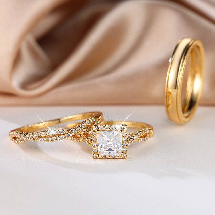 Elegante driedelige set diamanten ringen met princess geslepen zirkoon