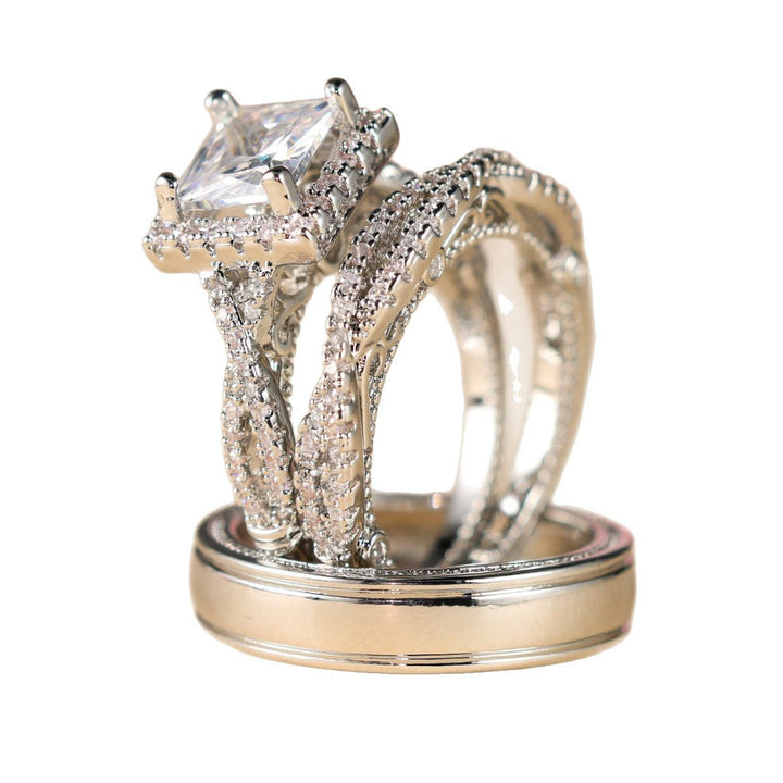 Elegant Three Piece Set Full Zircon Princess Cut Diamond Rings