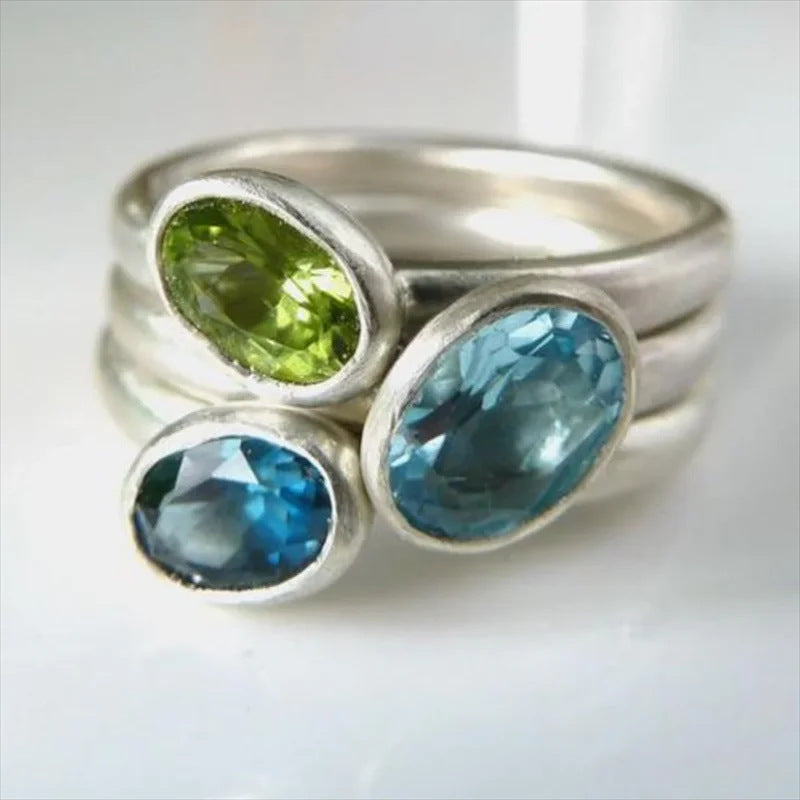 Elegant Irregular Multi Gemstone Silver Plated Ring Set