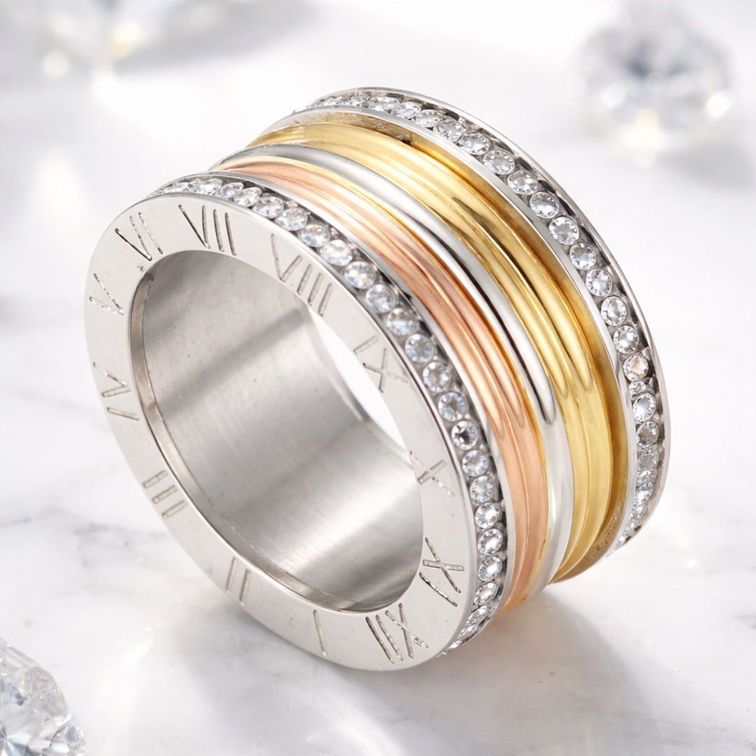 Vintage tweekleurige goud- en zilverkleurige ring met kristal