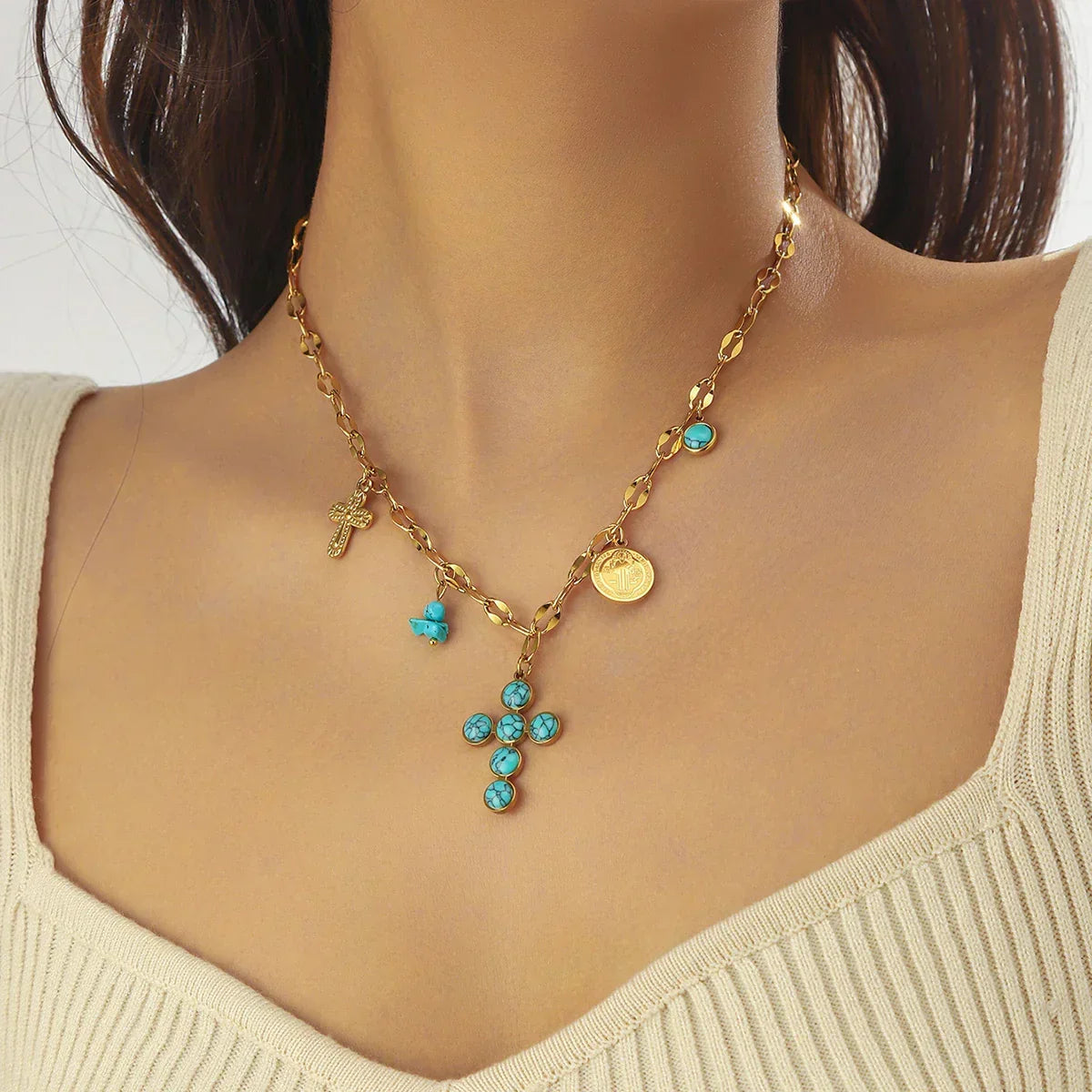 Exclusieve roestvrij stalen kruisketting met turkoois