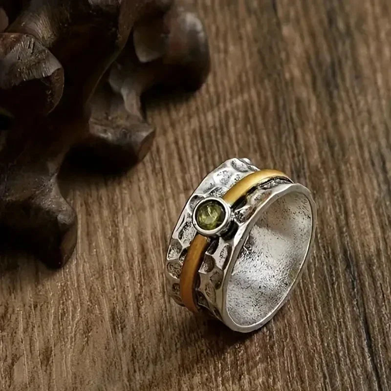 Hammered Silver & Gold Peridot Band Ring