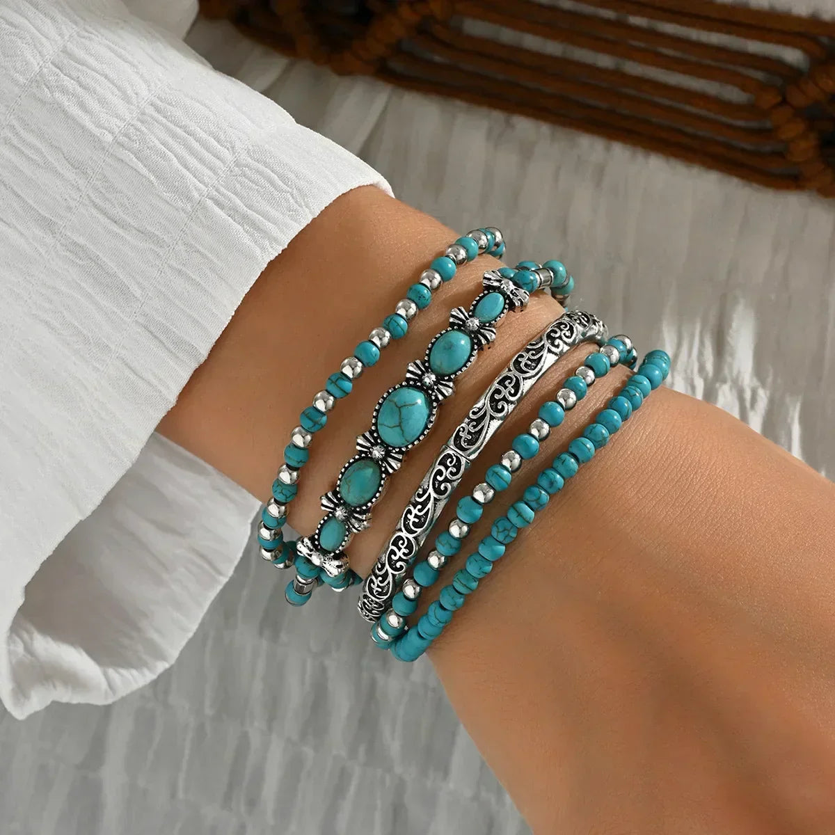 Bohemien turkoois kralen armbandenset