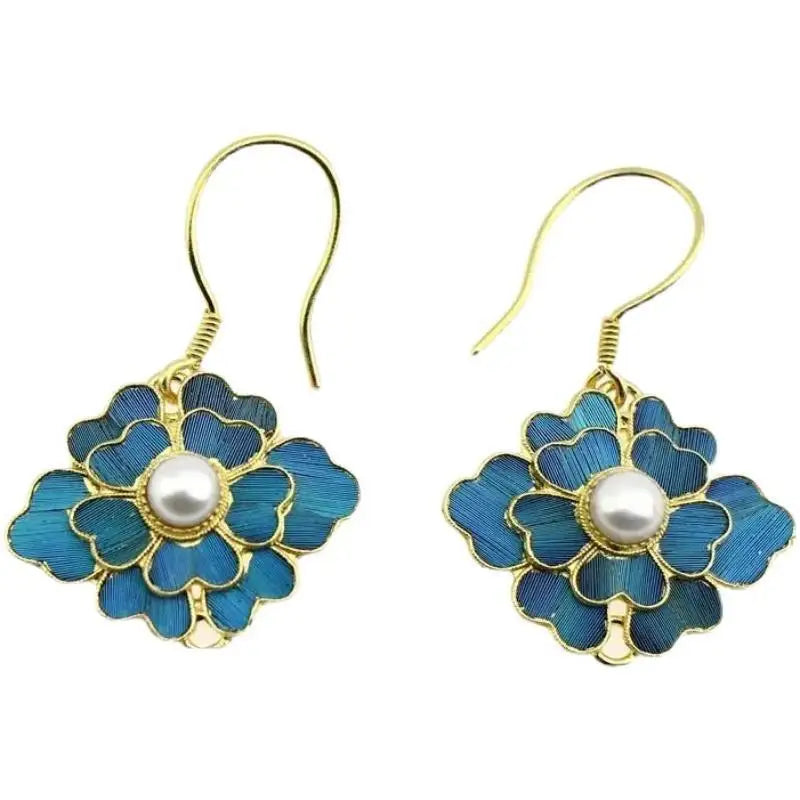 Vintage oorhangers met blauw emaille bloem en parel