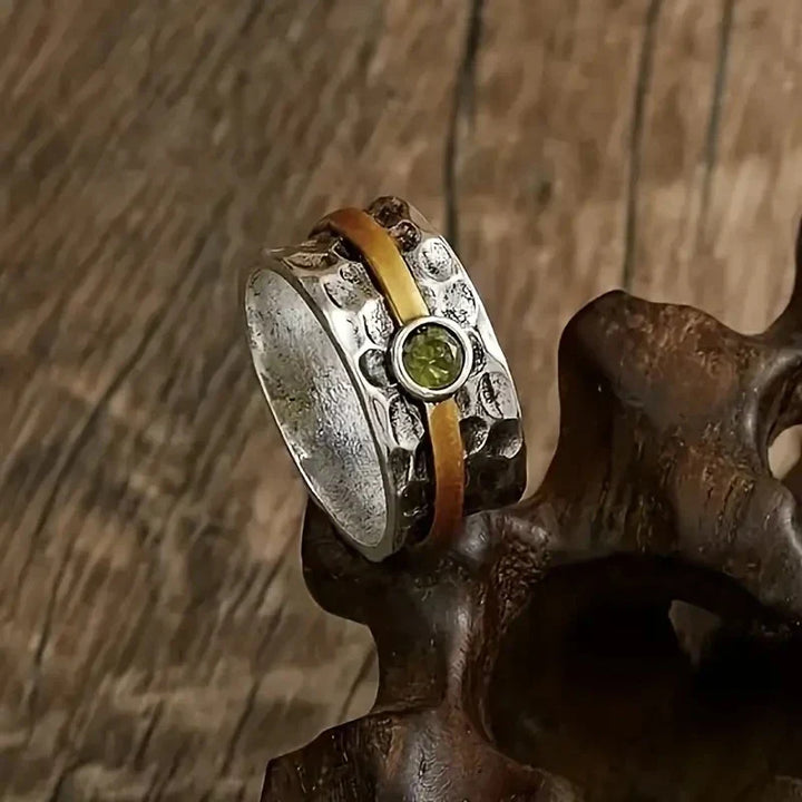 Hammered Silver & Gold Peridot Band Ring