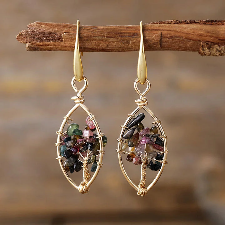 Gold Wire-Wrapped Gemstone Chip Earrings