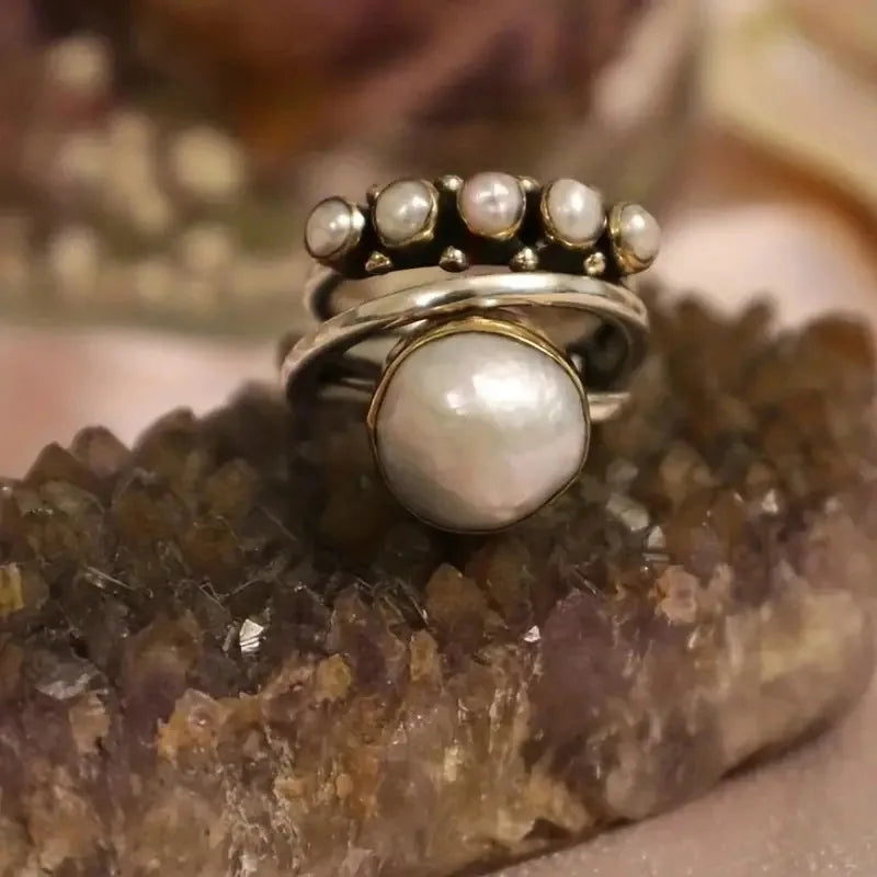 Elegant Silver Pearl Stacking Layered Ring Set