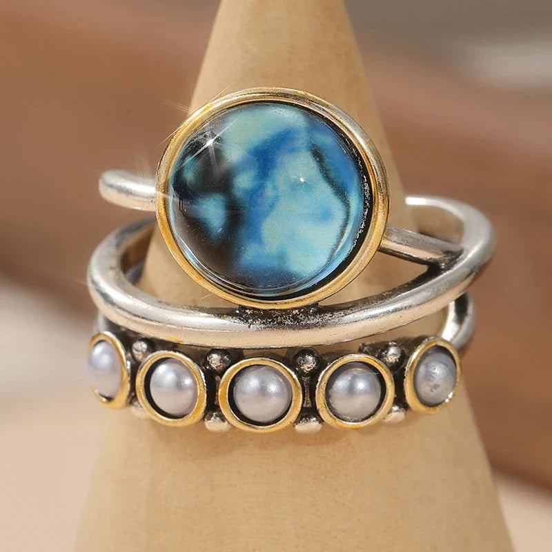 Oceaanblauwe abalone en parel stapelring