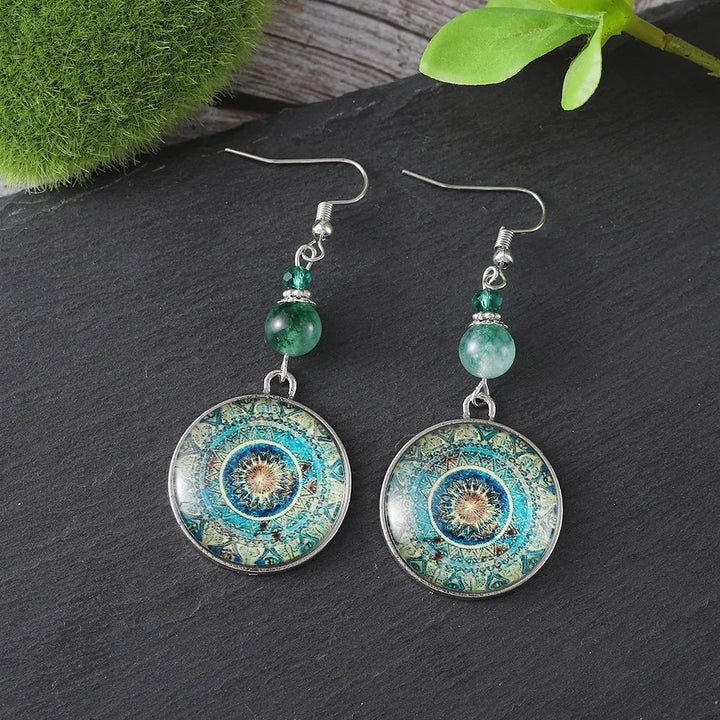 Boho Mandala Glass Disc Drop Earrings