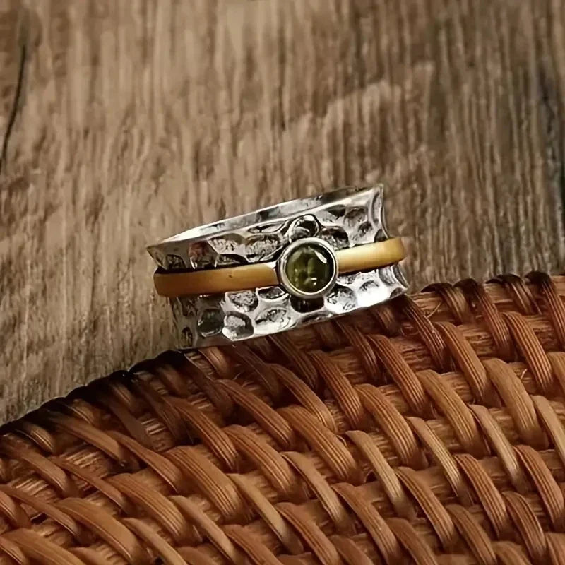 Hammered Silver & Gold Peridot Band Ring