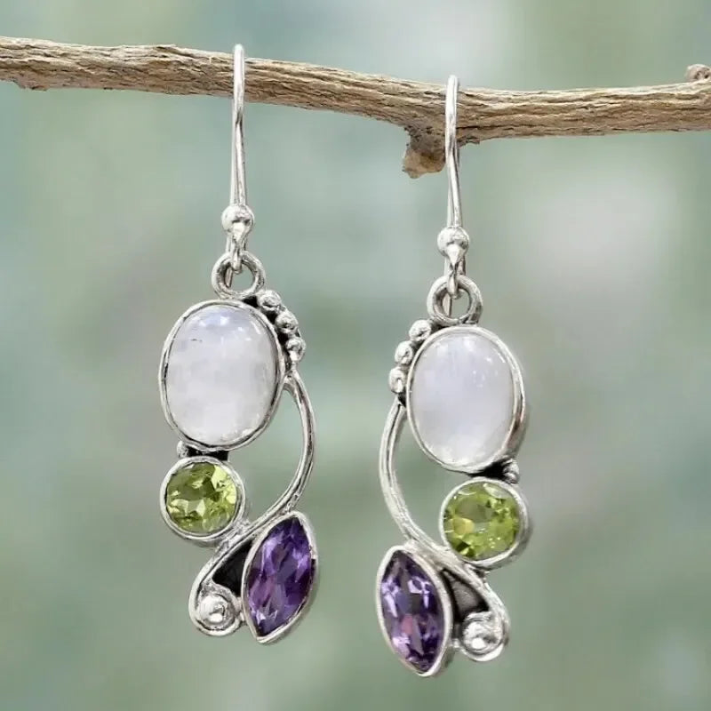 Elegante cascade oorbellen met maansteen, amethist en peridoot