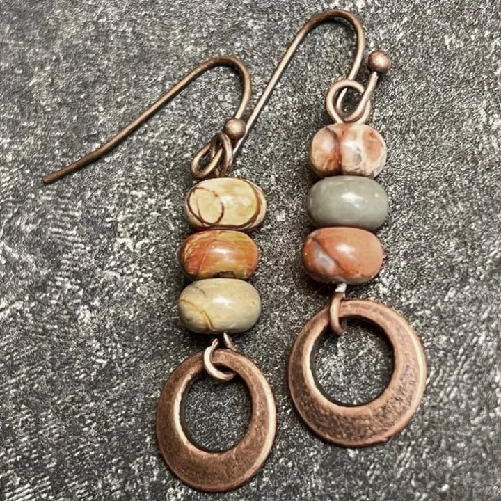 Rustic Stone Bead Hoop Drop Earrings