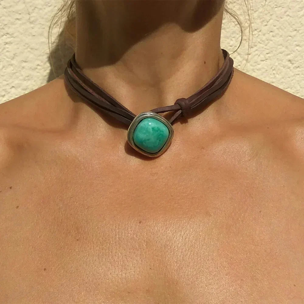 Vintage bohemien ketting met turkooizen hanger