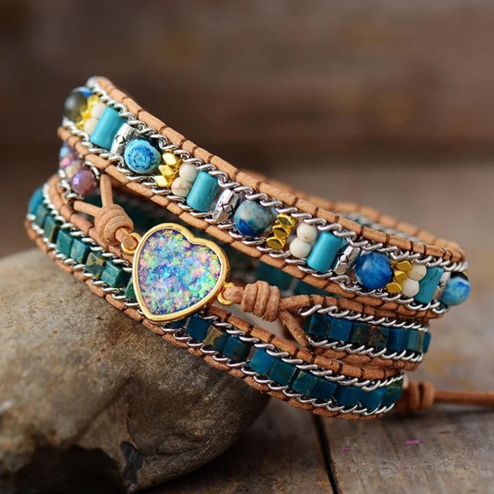 Boho Style Jasper & Opal Leather Wrap Bracelet
