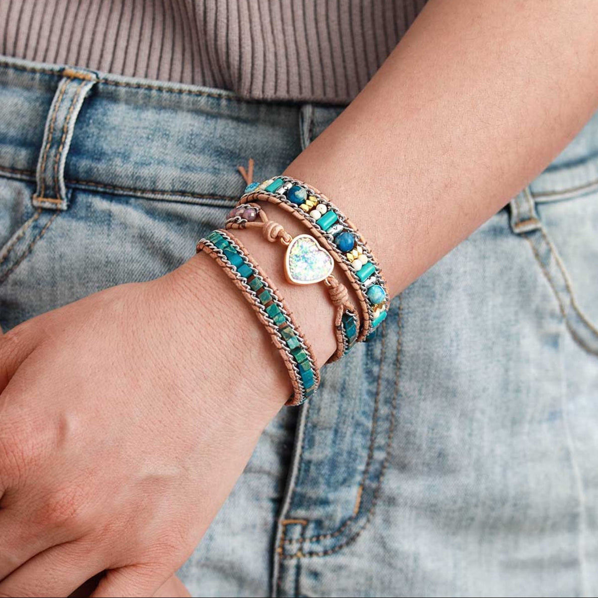 Boho stijl jaspis en opaal leren wikkelarmband